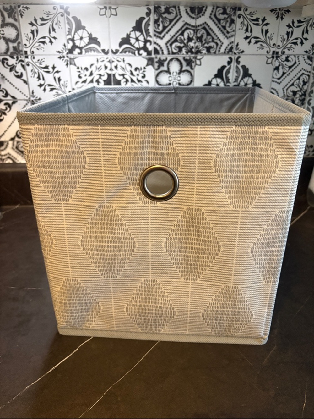 Grey and White Geometric Fabric Storage Bin with Grommet Handle